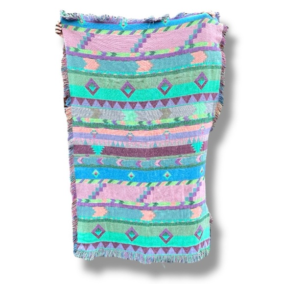 Vintage 80s/90s Kilim Pastel Aztec Blanket Full Throw Fringed Border Boho - Picture 2 of 7